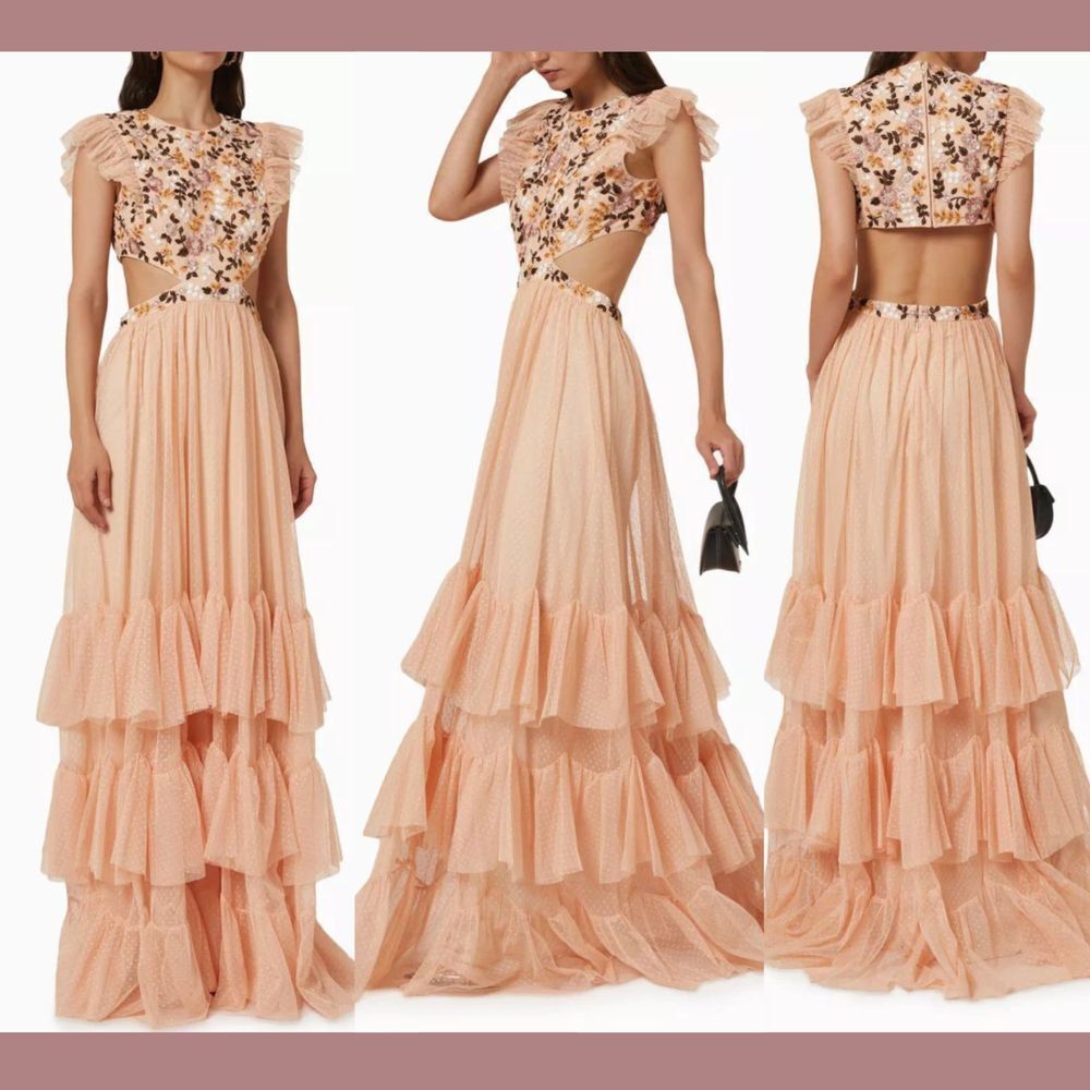 NWT Mac Duggal [ 14 ] 35106 Embroidered Bodice Cap Sleeve Ruffle Tierd Gown Q847
